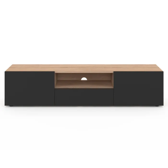 Meuble TV moderne 140cm bois façon hêtre portes noires