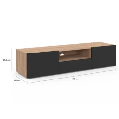 Meuble TV moderne 140cm bois façon hêtre portes noires