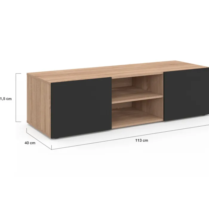 Meuble TV moderne noir et bois 113 cm