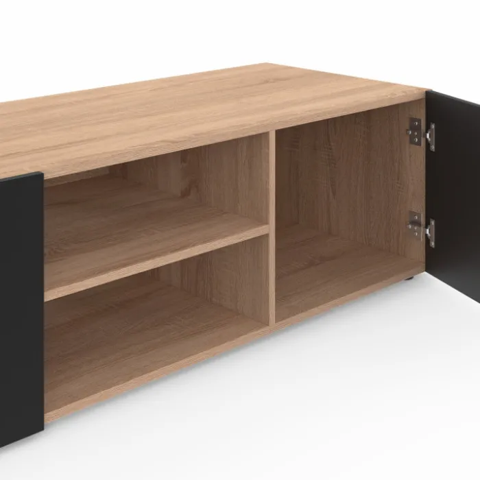 Meuble TV moderne noir et bois 113 cm