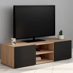 Meuble TV moderne noir et bois 113 cm