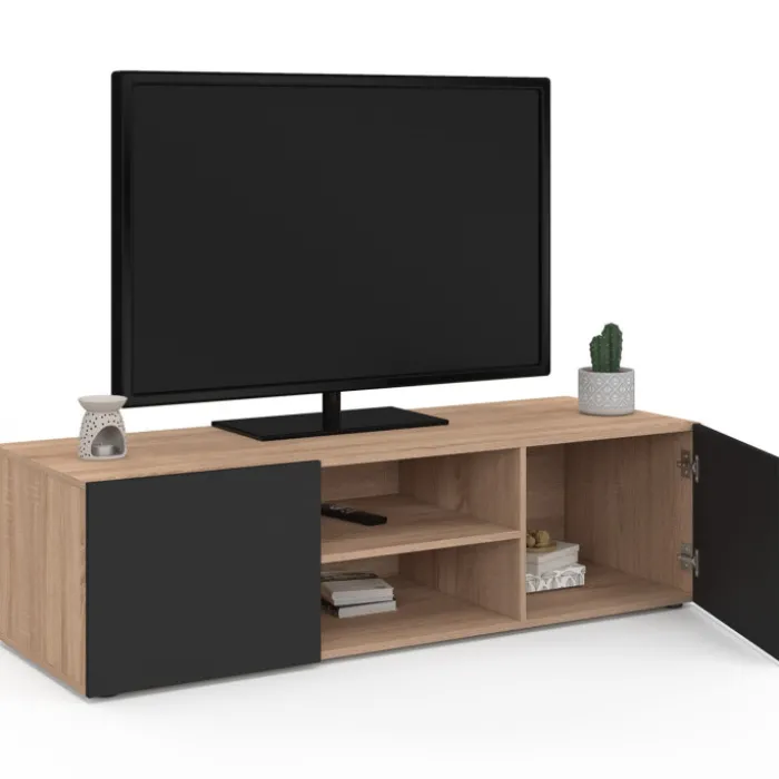 Meuble TV moderne noir et bois 113 cm