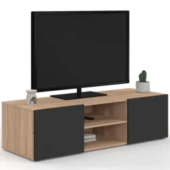Meuble TV moderne noir et bois 113 cm