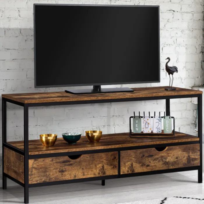 Meuble TV style industriel bois effet vieilli et métal 2 tiroirs