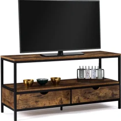 Meuble TV style industriel bois effet vieilli et métal 2 tiroirs