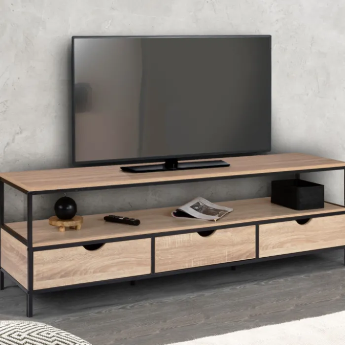 Meuble TV style industriel 3 tiroirs 160 cm