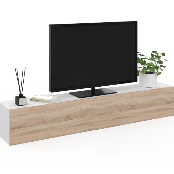 Meuble TV suspendu blanc et bois
