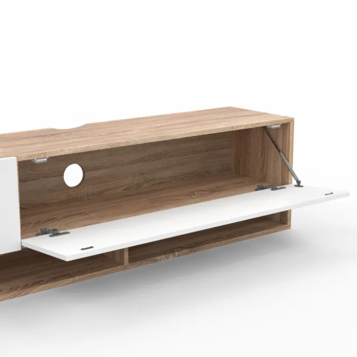 Meuble TV suspendu bois et blanc 180 cm avec étagères