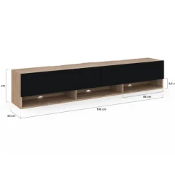 Meuble TV suspendu noir et bois 180 cm avec étagères