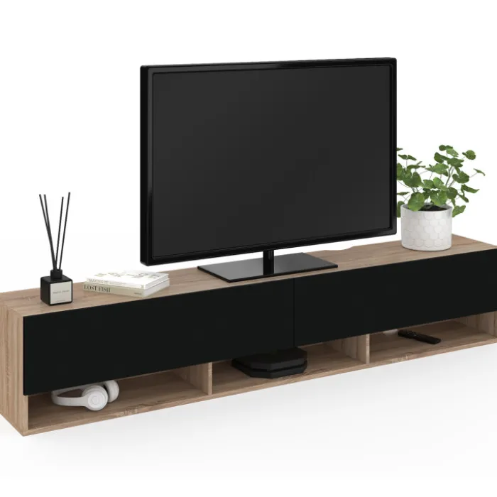 Meuble TV suspendu noir et bois 180 cm avec étagères