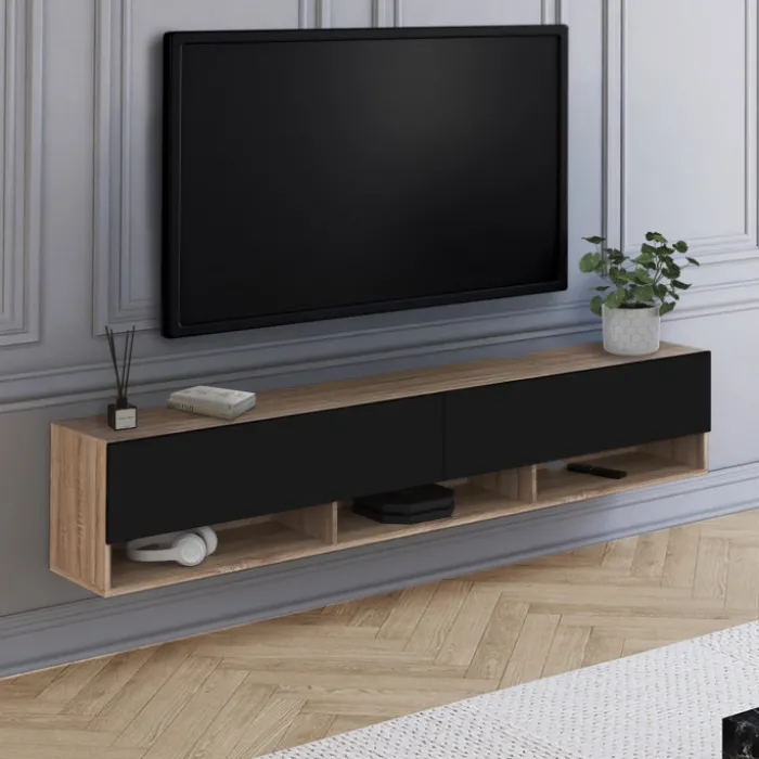 Meuble TV suspendu noir et bois 180 cm avec étagères