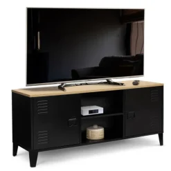 Meuble TV vestiaire portes métal et plateau bois 113 cm
