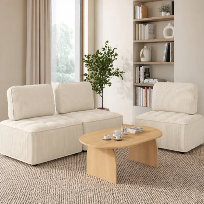 Module de canapé et fauteuil en velours côtelé beige