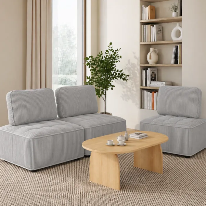 Module de canapé et fauteuil en velours côtelé gris clair
