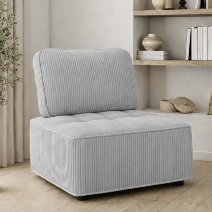 Module de canapé et fauteuil en velours côtelé gris clair