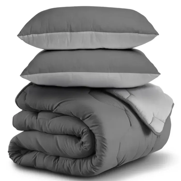 Pack couette oreiller 220x240 cm bicolore gris clair et foncé