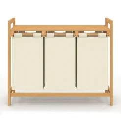 Panier à linge bambou 3 bacs tissu écru