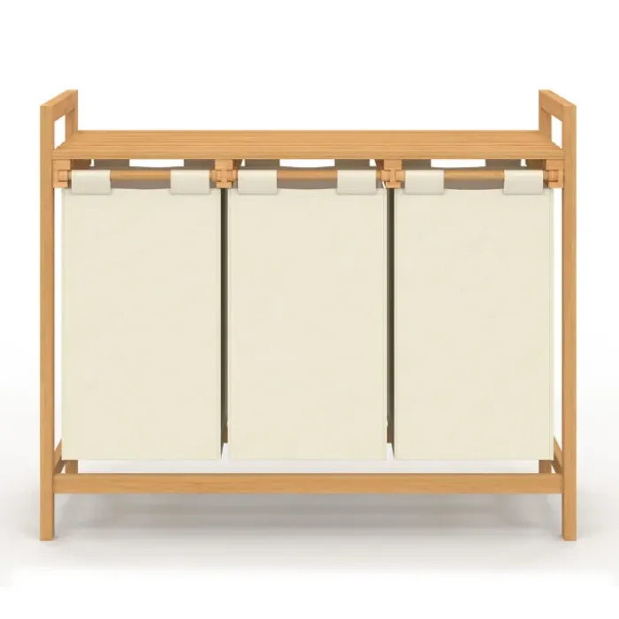 Panier à linge bambou 3 bacs tissu écru