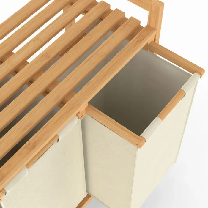 Panier à linge bambou 3 bacs tissu écru
