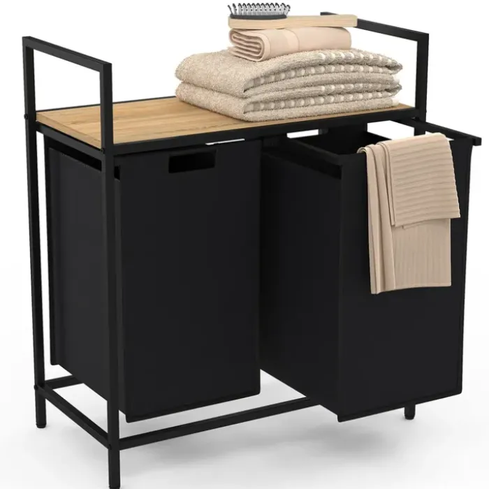 Panier à linge en tissu noir avec 2 bacs