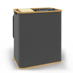 Panier à linge 140L 2 bacs amovibles bambou gris