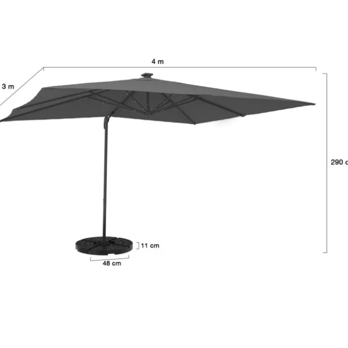 Parasol déporté inclinable rotatif 360 gris 3x4 M avec 4 dalles et housse