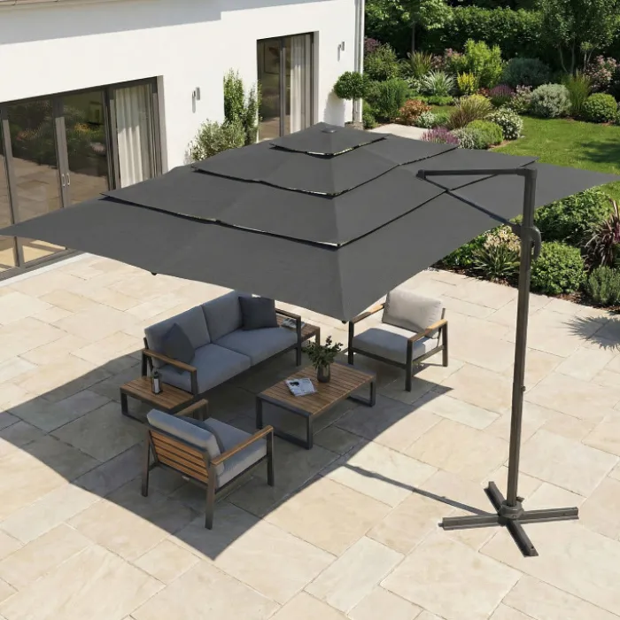 Parasol déporté inclinable rotatif 360 multi toile grand vent gris 3x4 M avec housse