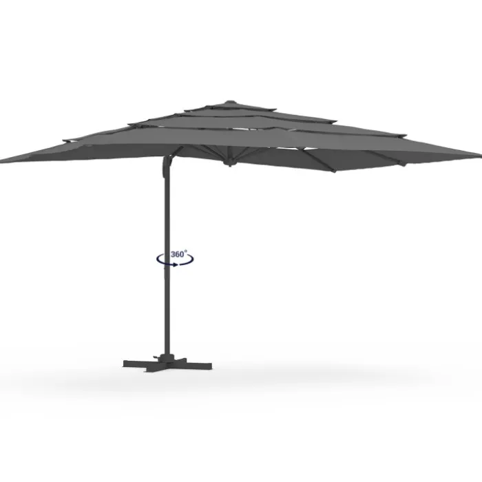 Parasol déporté inclinable rotatif 360 multi toile grand vent gris 3x4 M avec housse