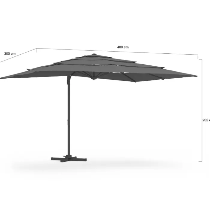 Parasol déporté inclinable rotatif 360 multi toile grand vent gris 3x4 M avec housse