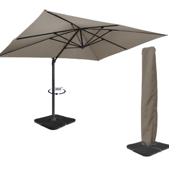 Parasol déporté rotatif 3x4 m taupe "60° avec 4 dalles et housse
