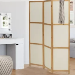 Paravent rétractable intérieur décoratif en bois et tissu beige