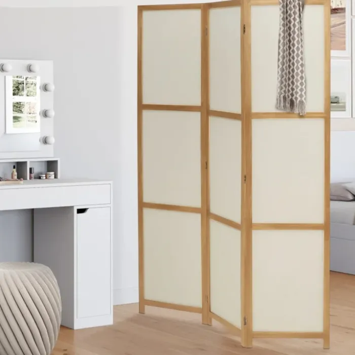 Paravent rétractable intérieur décoratif en bois et tissu beige