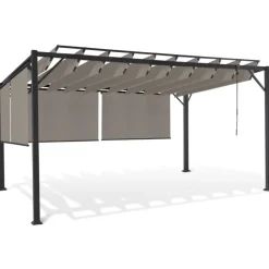 Pergola acier lames orientables 3x4m avec 4 stores taupe