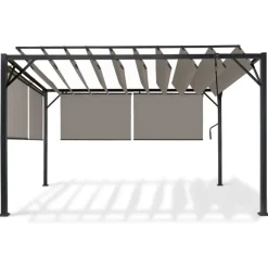 Pergola acier lames orientables 3x4m avec 4 stores taupe