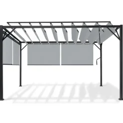 Pergola acier lames orientables 3x4 m avec 4 stores gris clair