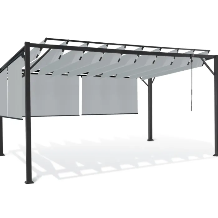 Pergola acier lames orientables 3x4 m avec 4 stores gris clair