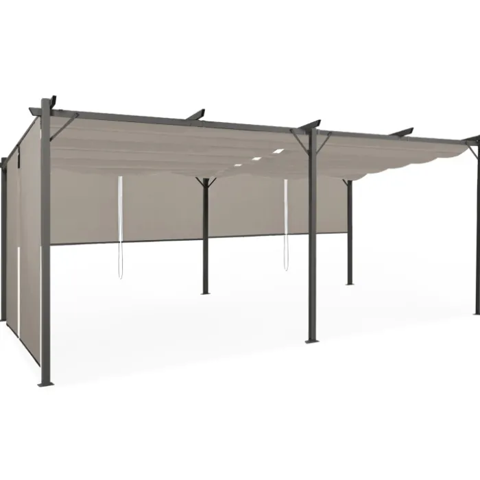 Pergola au toit rétractable avec 6 stores coloris taupe