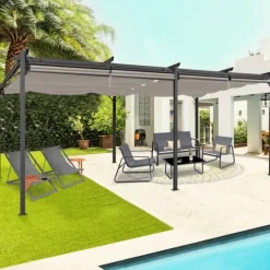 Pergola au toit rétractable avec 6 stores coloris taupe