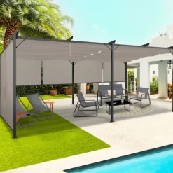 Pergola au toit rétractable avec 6 stores coloris taupe