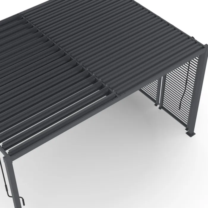 Pergola bioclimatique lames orientables acier 3x4 M avec persiennes horizontales gris anthracite