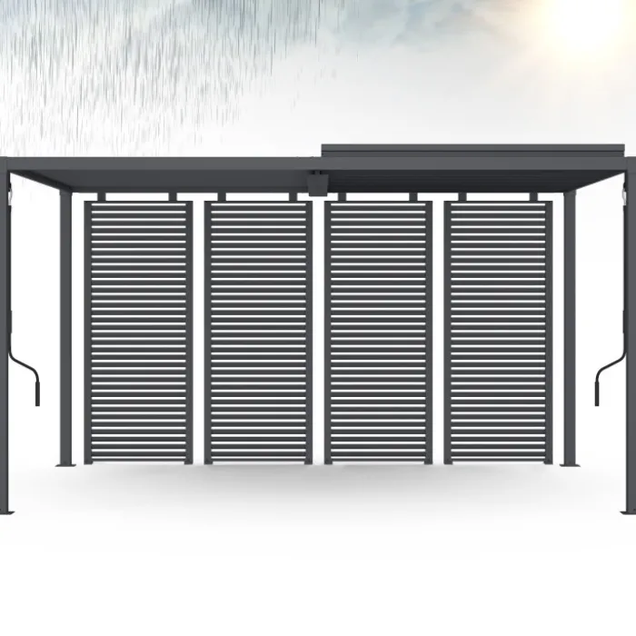 Pergola bioclimatique lames orientables acier 3x4 M avec persiennes horizontales gris anthracite