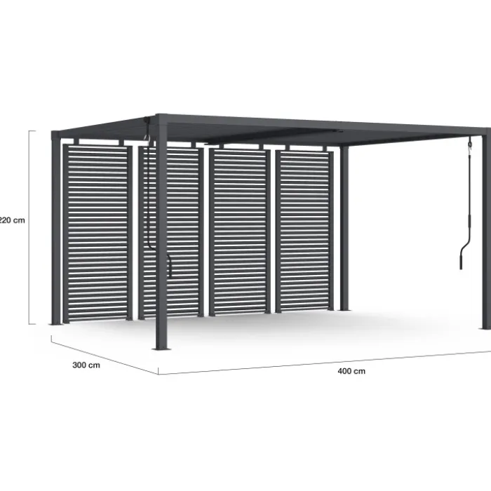 Pergola bioclimatique lames orientables acier 3x4 M avec persiennes horizontales gris anthracite