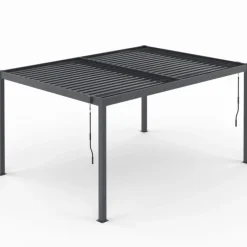 Pergola bioclimatique lames orientables acier 3x4 M rideaux et moustiquaire gris anthracite