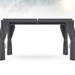 Pergola bioclimatique lames orientables acier 3x4 M rideaux et moustiquaire gris anthracite