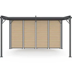 Pergola édition collector persiennes horizontales effet bois et toit rétractable 3x4M 4 pans modulables gris anthracite