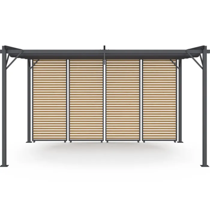 Pergola édition collector persiennes horizontales effet bois et toit rétractable 3x4M 4 pans modulables gris anthracite