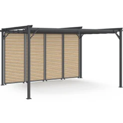 Pergola édition collector persiennes horizontales effet bois et toit rétractable 3x4M 4 pans modulables gris anthracite