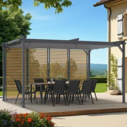 Pergola édition collector persiennes horizontales effet bois et toit rétractable 3x4M 4 pans modulables gris anthracite