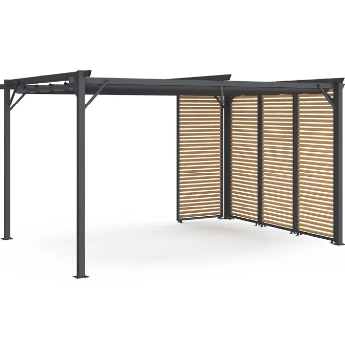 Pergola édition collector persiennes horizontales effet bois et toit rétractable 3x4M 4 pans modulables gris anthracite