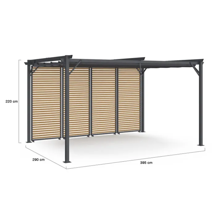 Pergola édition collector persiennes horizontales effet bois et toit rétractable 3x4M 4 pans modulables gris anthracite